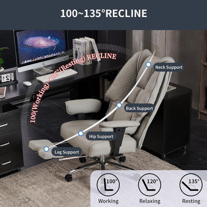 Bürostuhl Ergonomisch Hohe Rückenlehne Verstellbar PU Leder HELLGRAU