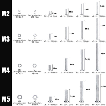 Schrauben Set M2-M5, 1320 Teile, Linsenkopf, Muttern & Scheiben