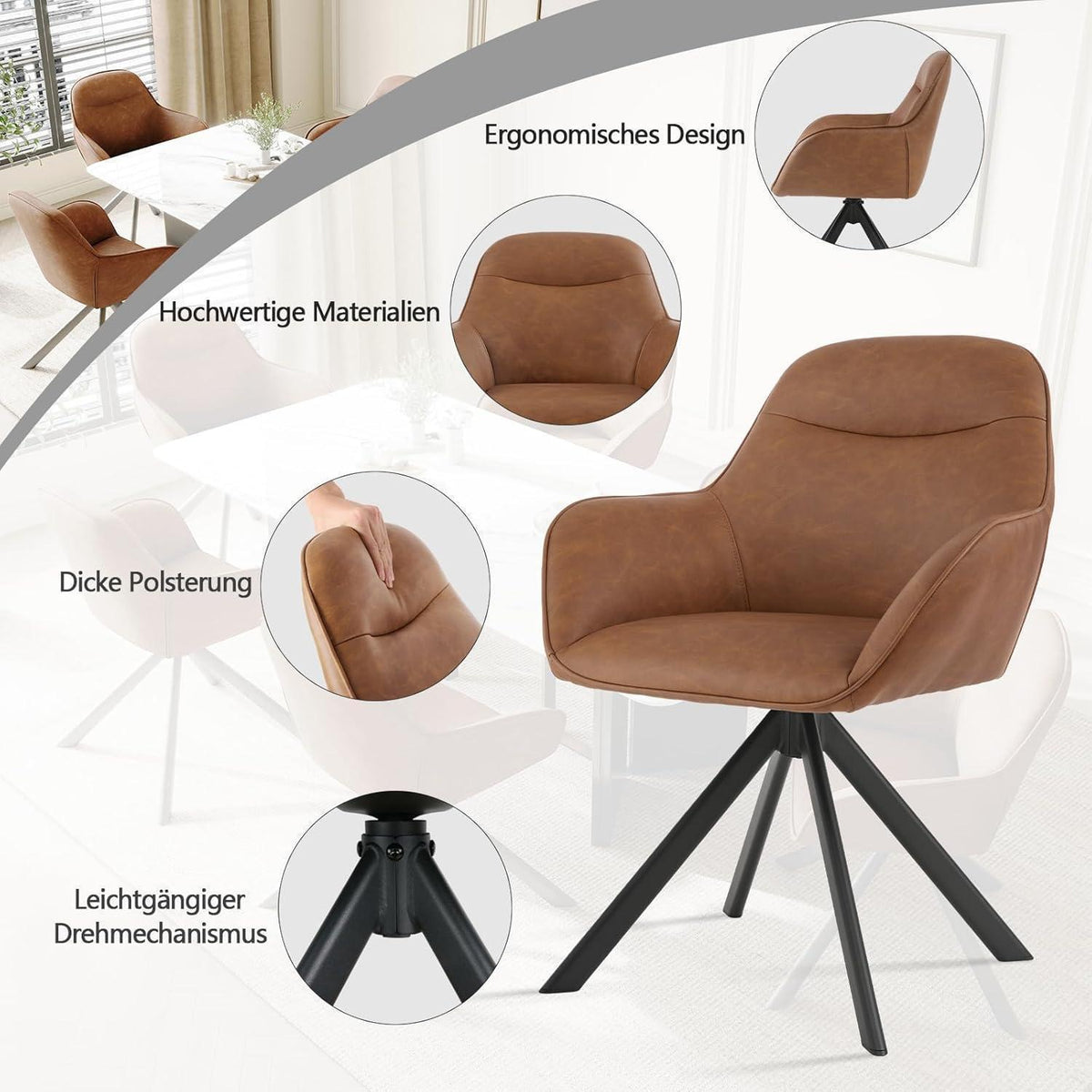 Drehbarer Esszimmerstuhl 2er Set Braun mit Armlehne