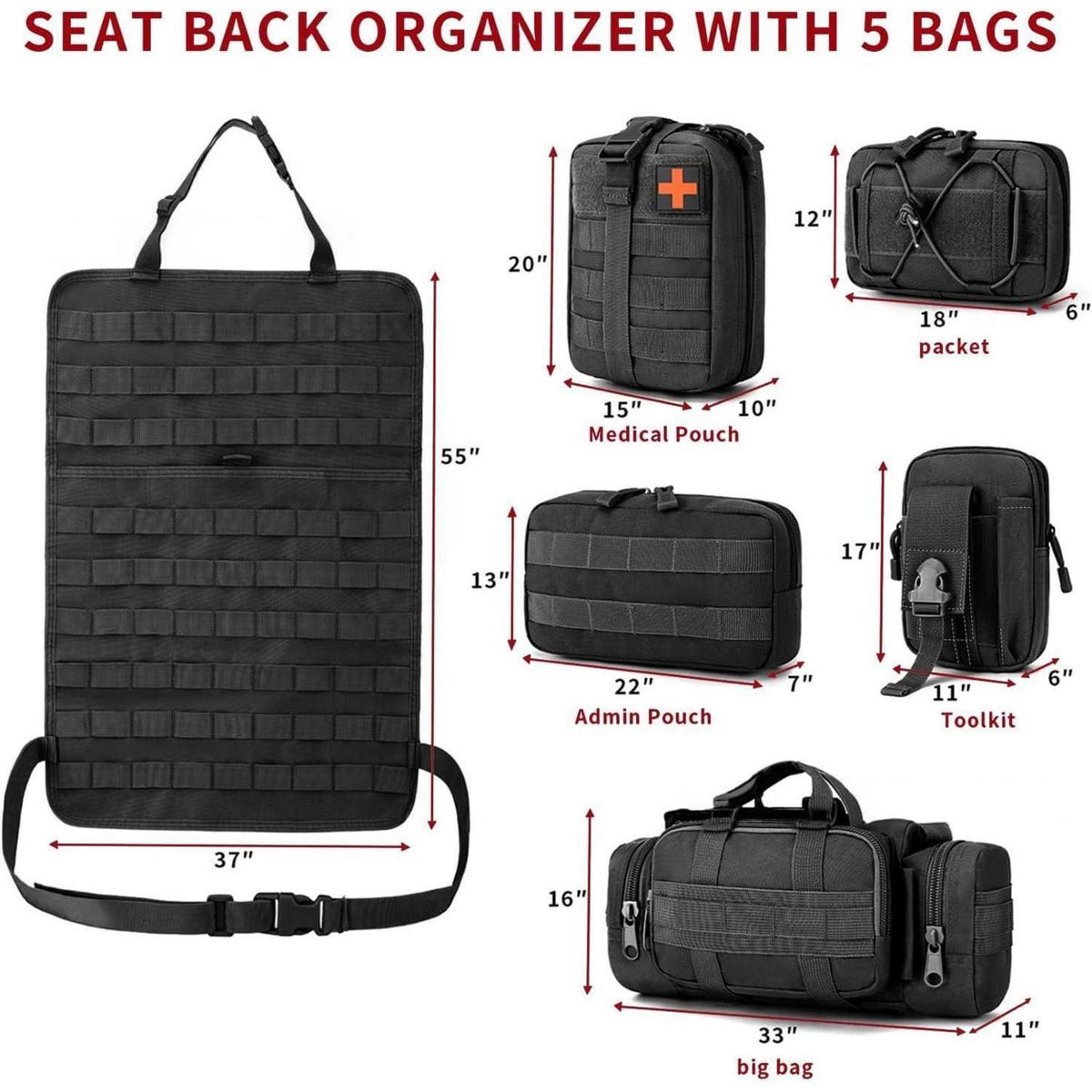 Taktischer Autositz Organizer mit 5 Molle Taschen – Rücksitz Ordnungssystem