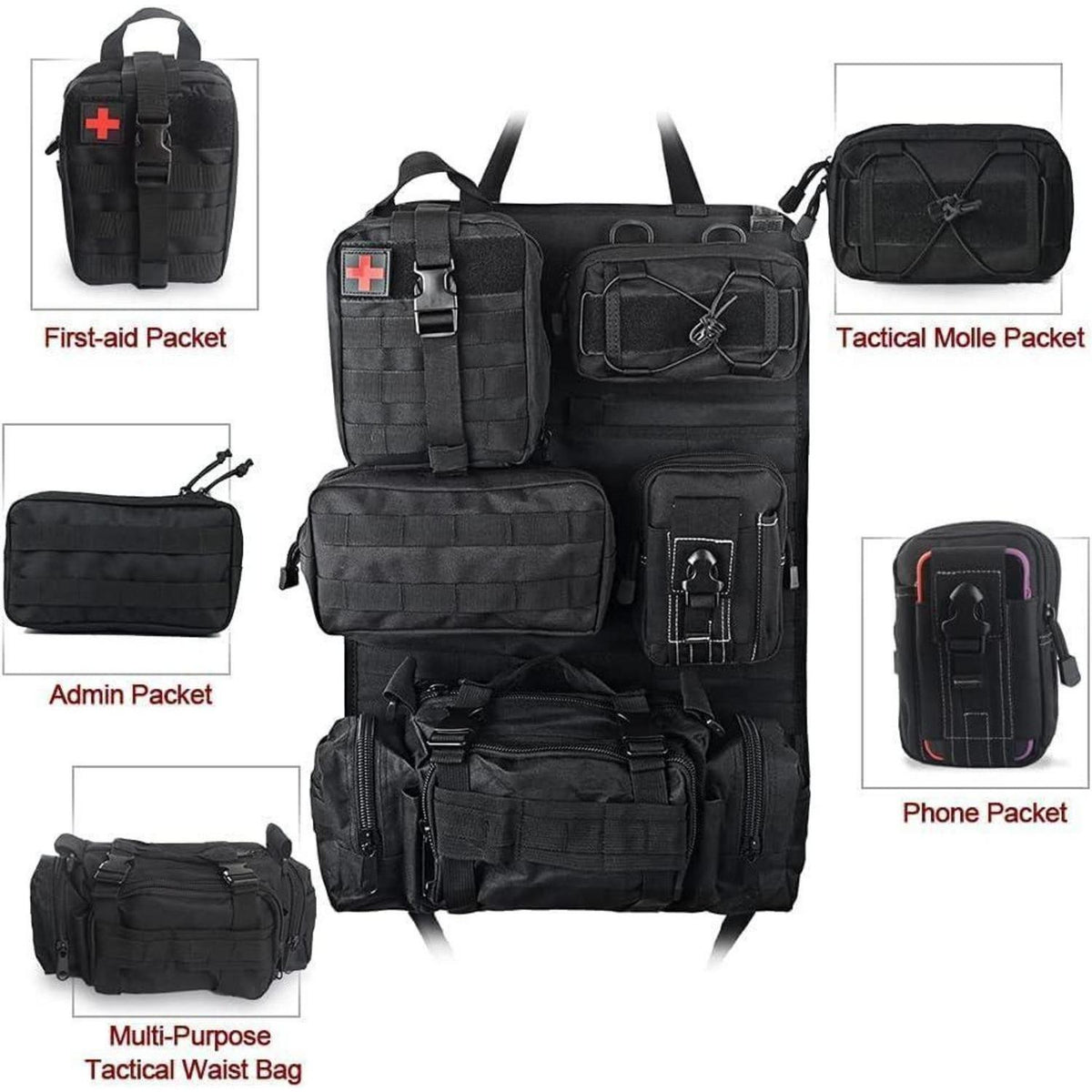 Taktischer Autositz Organizer mit 5 Molle Taschen – Rücksitz Ordnungssystem