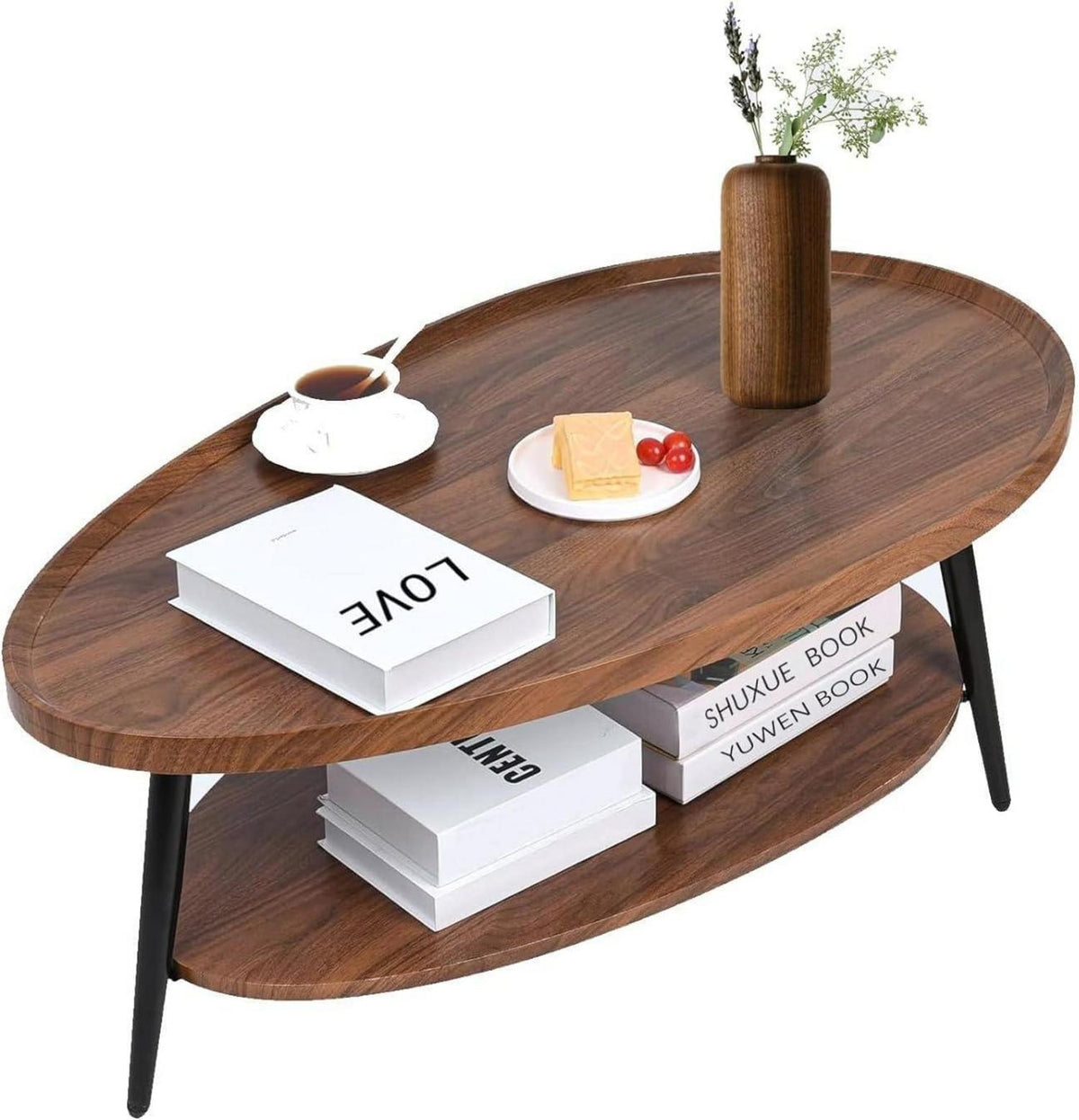 Ovaler Couchtisch Holz Stauraum Industrie-Design Beistelltisch