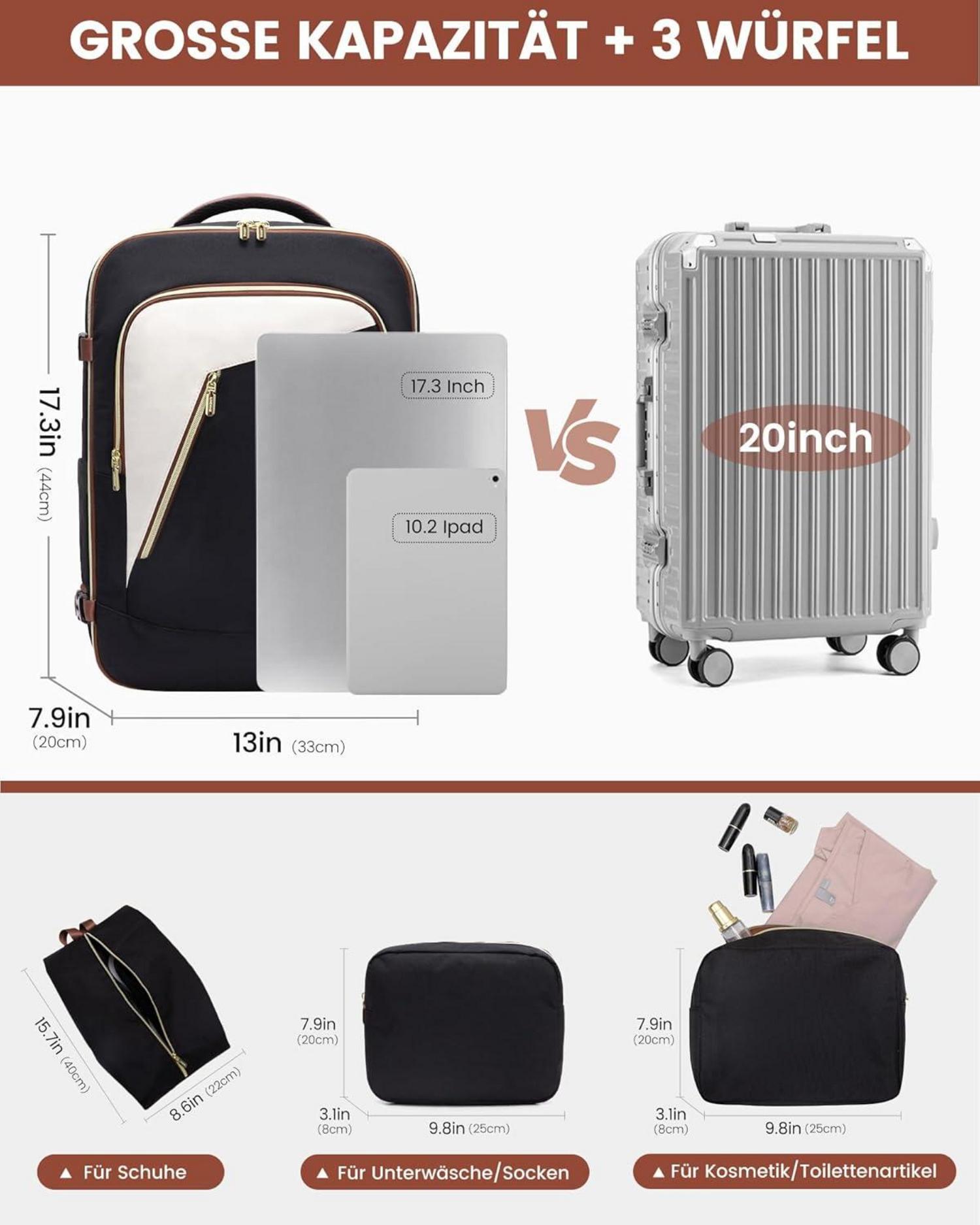 Wasserdichter Reiserucksack Damen 40L 17,3 Zoll Laptop Handgepäck