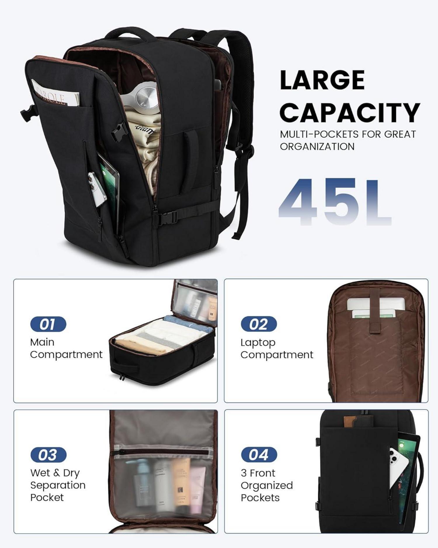 45L Travel Backpack Carry On Luggage, Waterproof Black