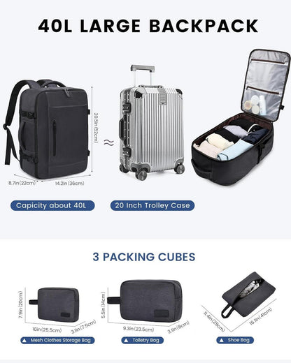 Großer Handgepäck Rucksack 40L für 17 Zoll Laptop Reise Dunkelgrau