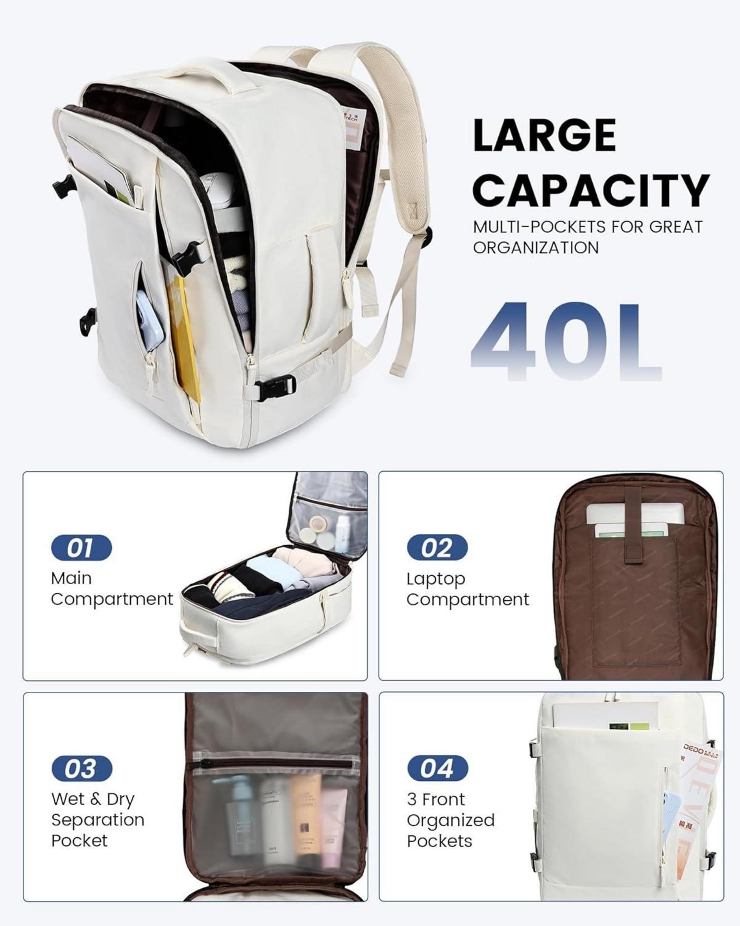 40L Reiserucksack mit 3 Packing Cubes für Herren und Damen