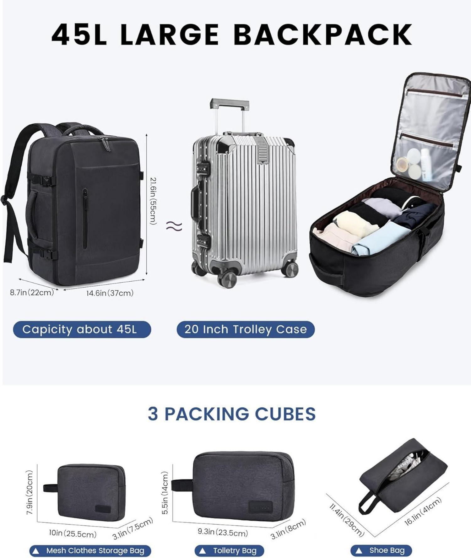 Großer Reiserucksack Handgepäck 45L für Herren Damen, 18 Zoll Laptop Rucksack Wasserdicht Dunkelgrau