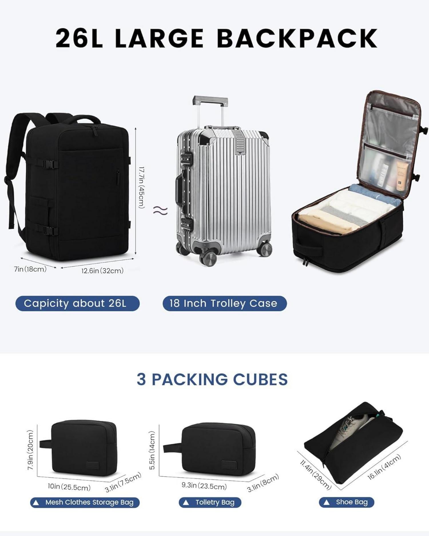 Handgepäck Rucksack 45x36x20 schwarz für EasyJet & 15,6 Zoll Laptop, Reise Cabin Bag & Kofferrucksack