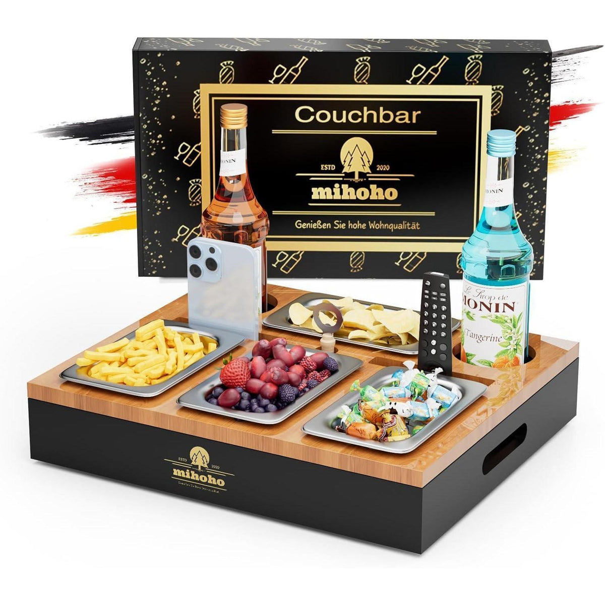 Couchbar Holz mit Snackschalen – Beistelltisch für Snacks & Getränke