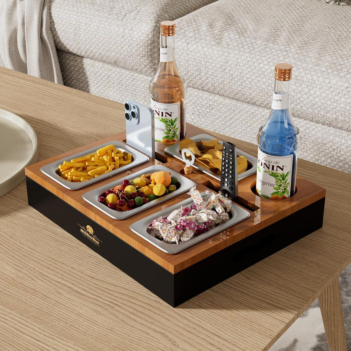 Couchbar Holz mit Snackschalen – Beistelltisch für Snacks & Getränke