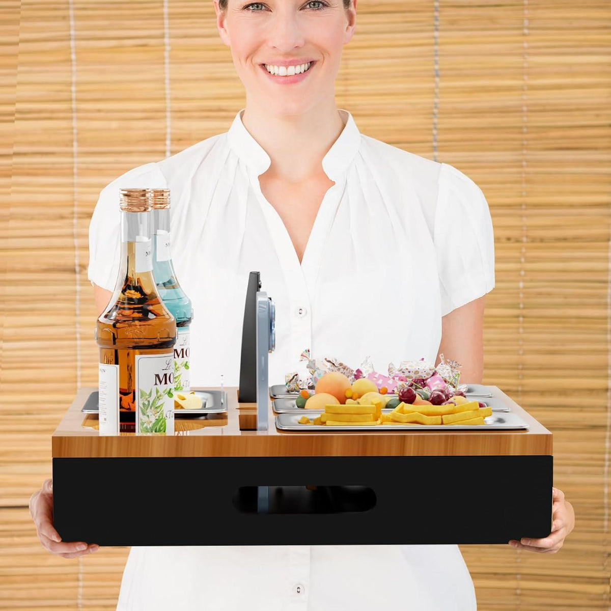 Couchbar Holz mit Snackschalen – Beistelltisch für Snacks & Getränke