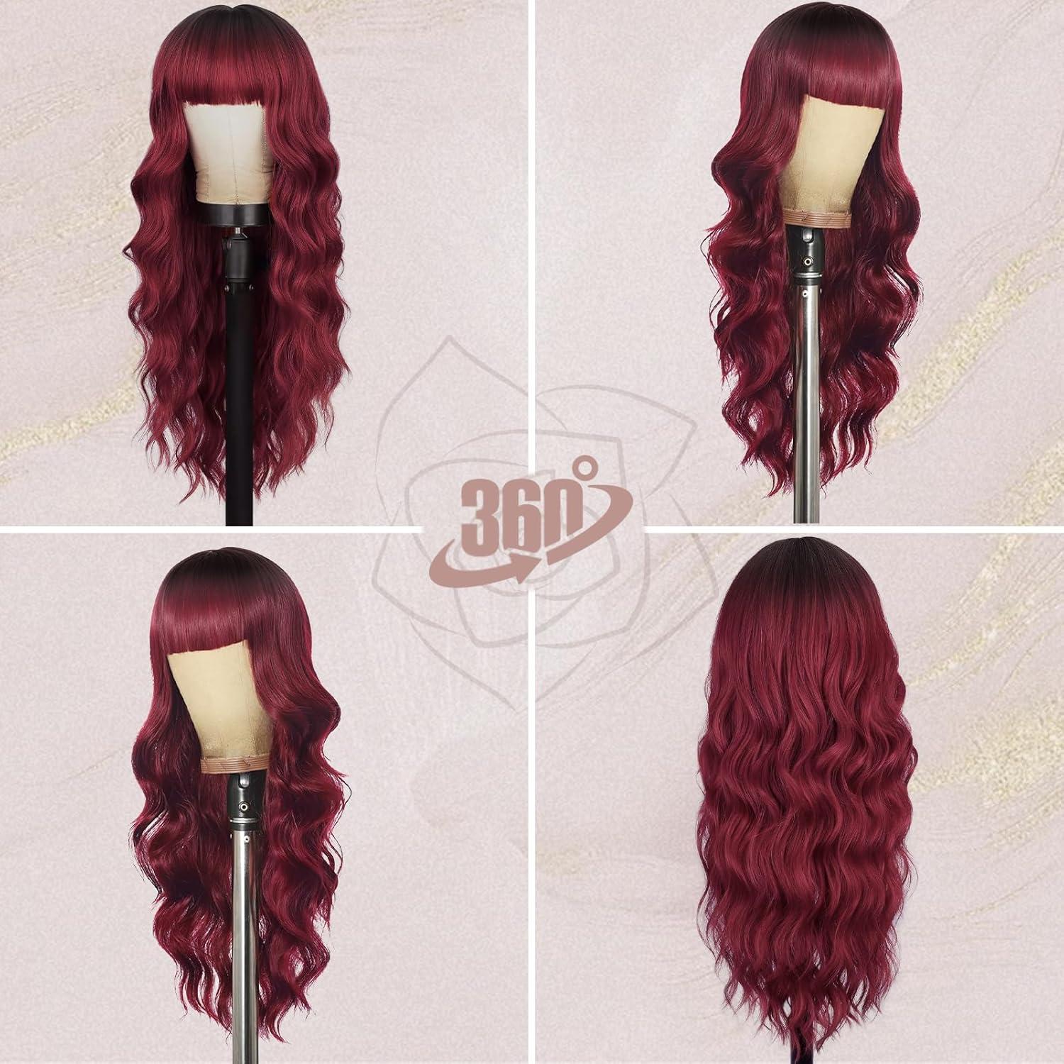 66cm Lange Gewellte Rot Ombre Perücke mit Pony für Frauen - Synthetisches Haar, Natürliches Aussehen - Tägliche Party Halloween