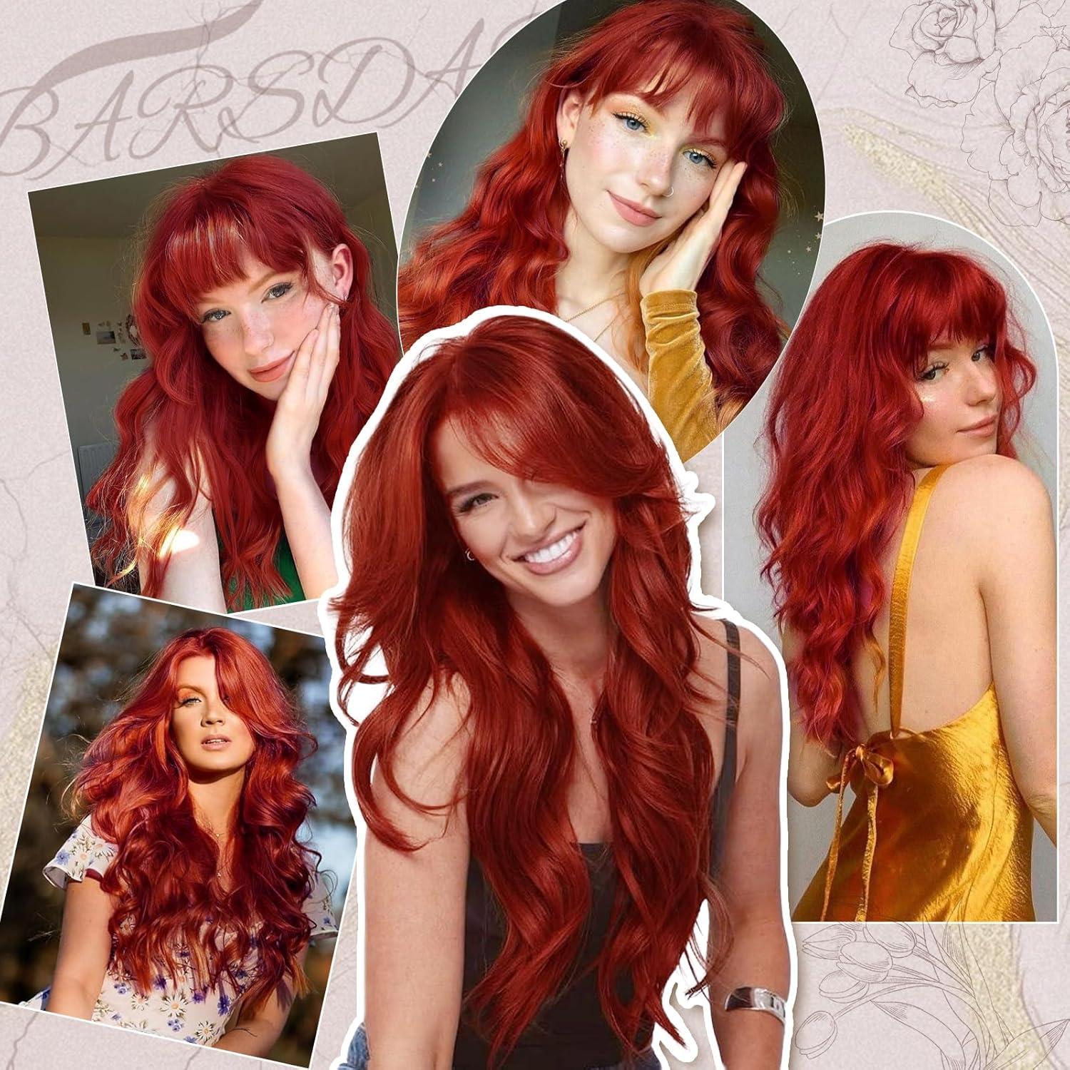66cm Lange Gewellte Ombre Rote Pony Perücke Synthetisches Haar