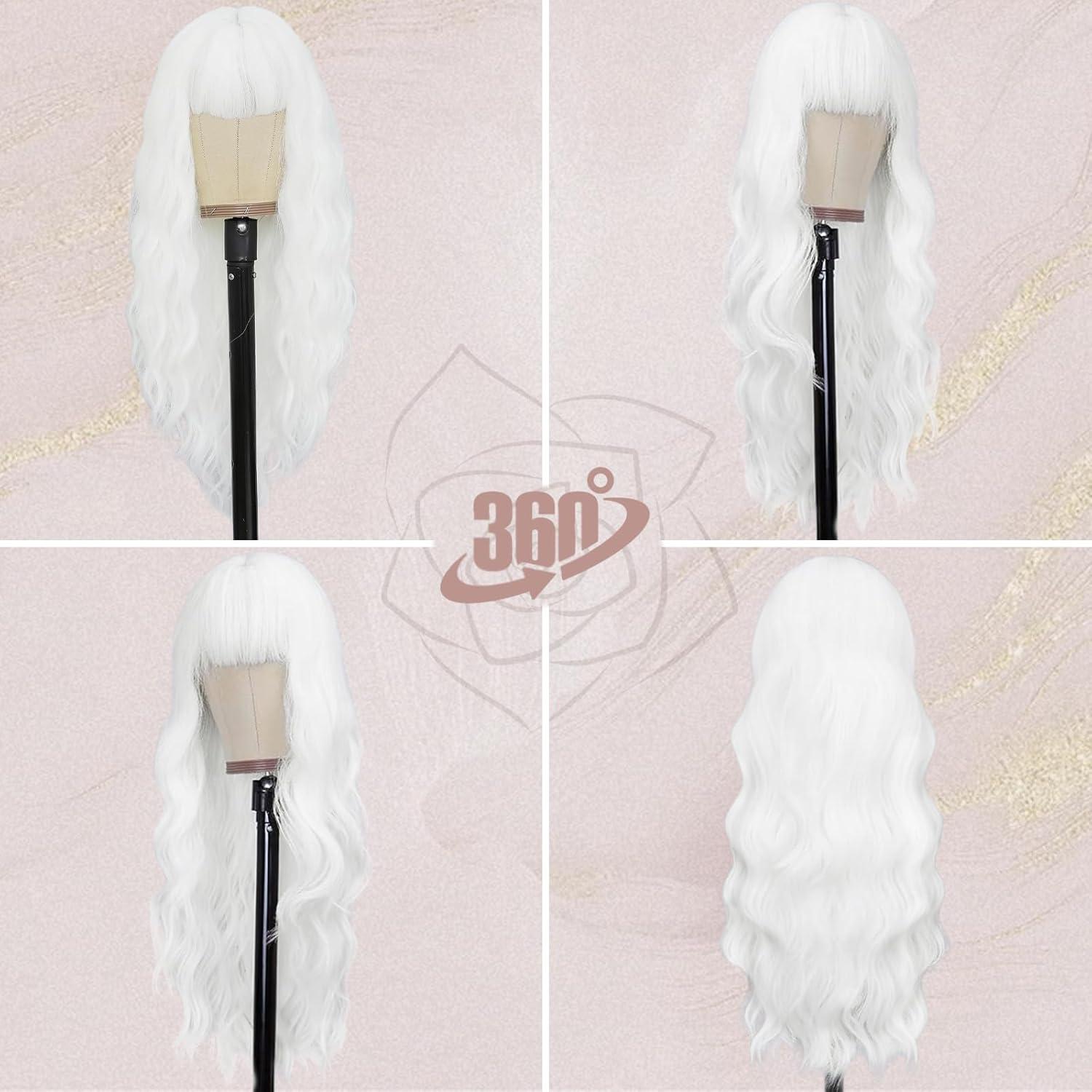 66cm Lange Weiße Synthetische Perücke mit Pony für Damen - Gewellt, Natürlich Aussehend, Party, Halloween