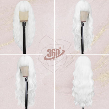 66cm Lange Weiße Synthetische Perücke mit Pony für Damen - Gewellt, Natürlich Aussehend, Party, Halloween