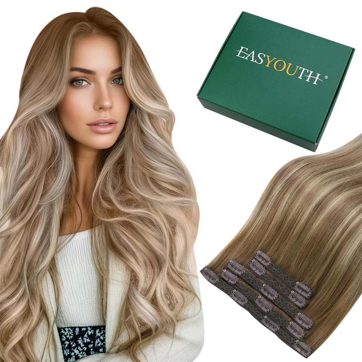 Clip-In Echthaar Extensions Braun Ombre Mittelblond 45cm