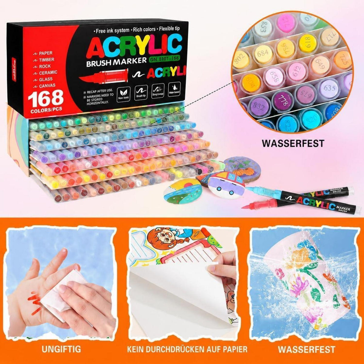168 Acrylstifte Set Wasserfest für Steine, Glas & mehr