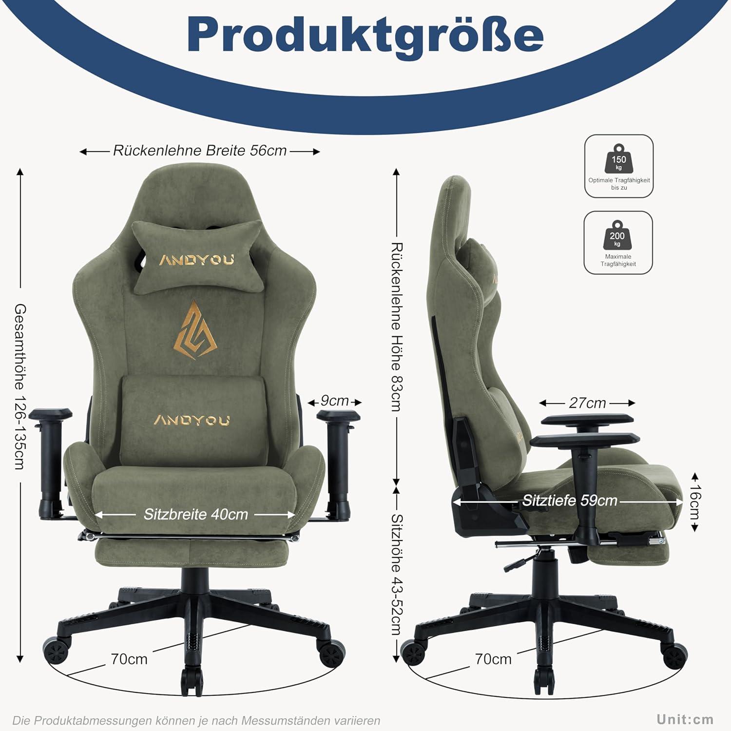 Ergonomischer Gaming Stuhl mit Fußstütze und verstellbaren Kissen