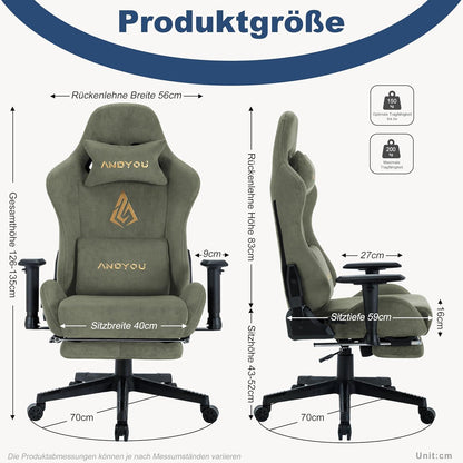 Ergonomischer Gaming Stuhl mit Fußstütze und verstellbaren Kissen