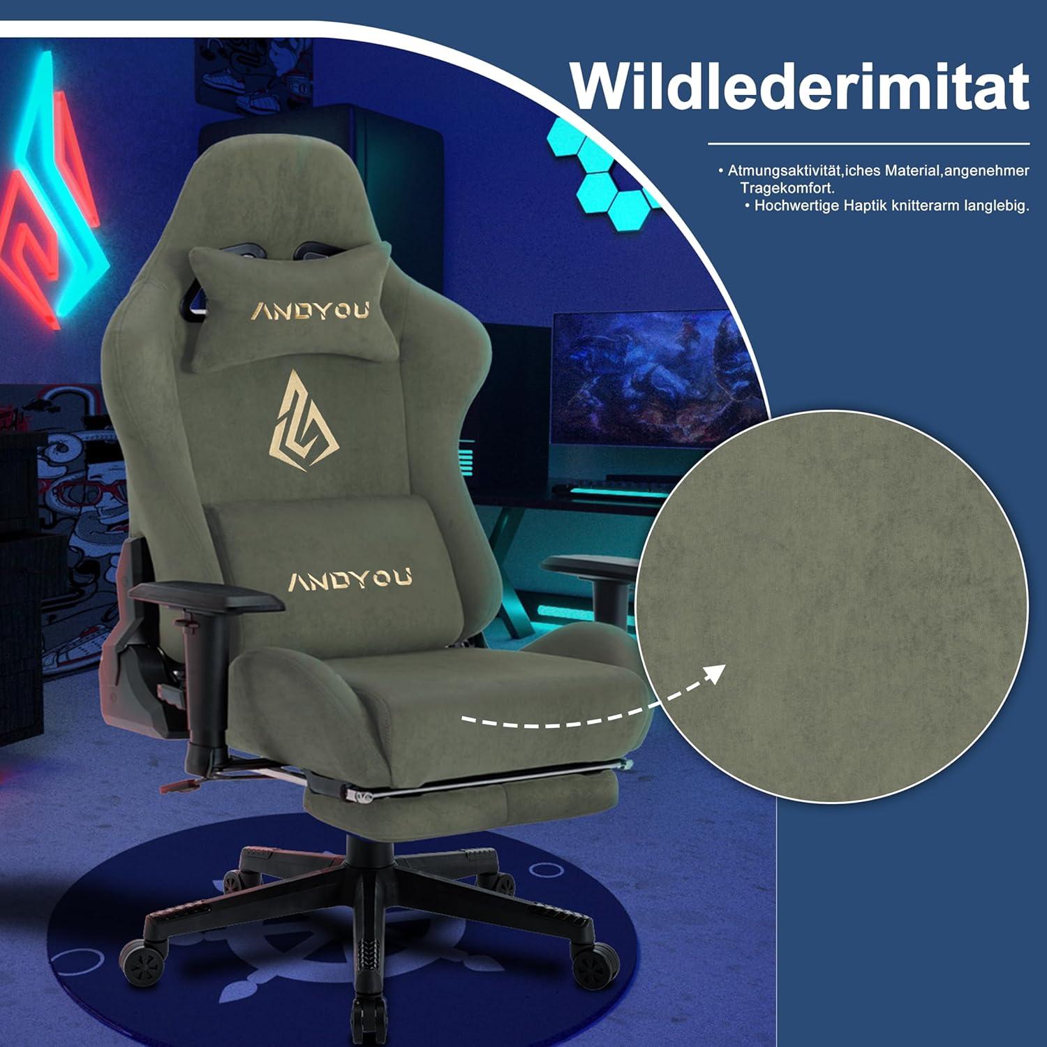 Andyou Gaming Stuhl mit Fußstütze und verstellbarer Lenden- Kopfkissen Computerstuhl