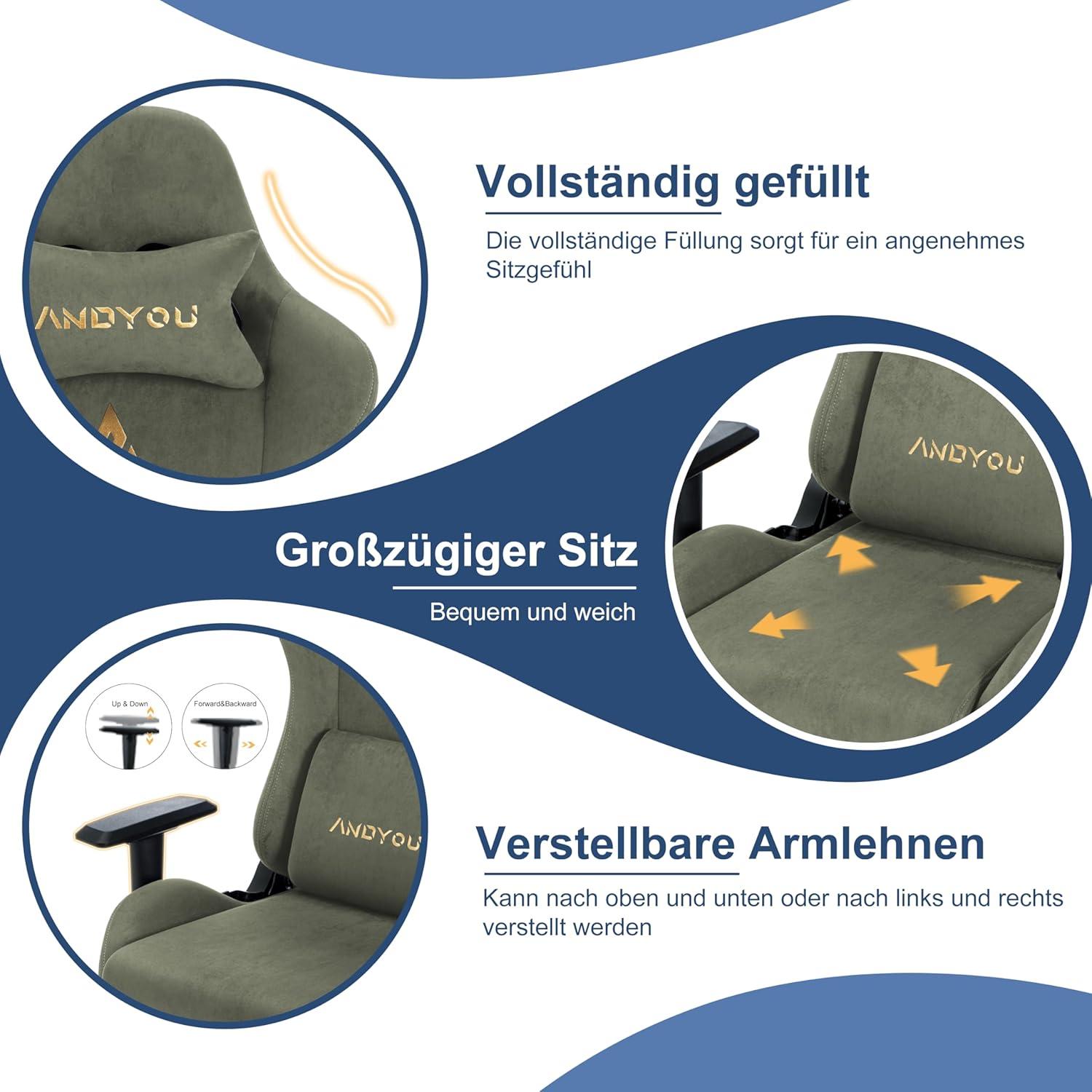 Andyou Gaming Stuhl mit Fußstütze und verstellbaren Kissen, PC Stuhl Grün