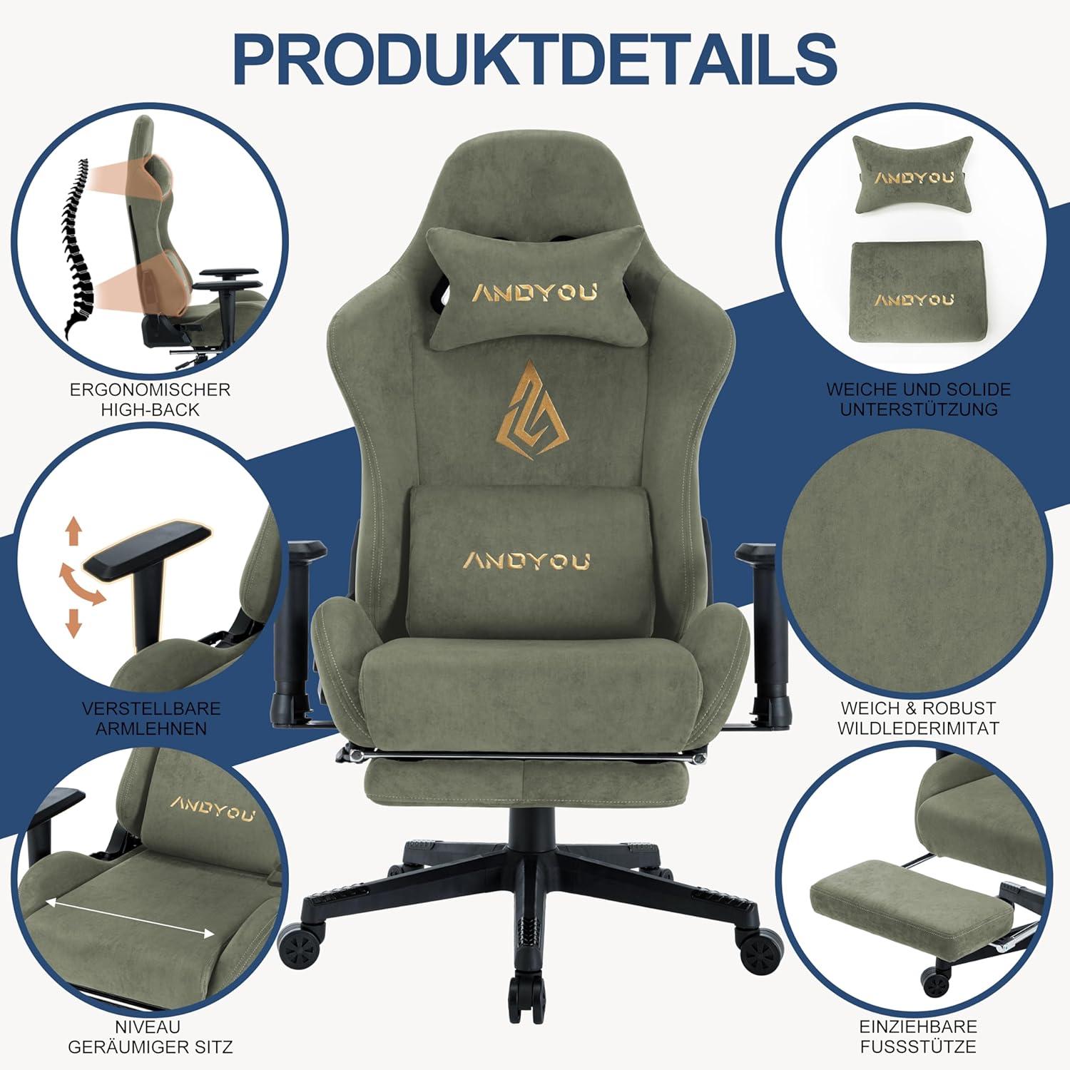 Andyou Gaming Stuhl mit Fußstütze und verstellbaren Kissen, PC Stuhl Grün