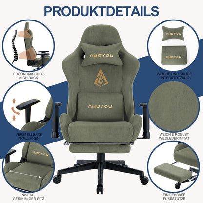 Andyou Gaming Stuhl mit Fußstütze und verstellbaren Kissen, PC Stuhl Grün
