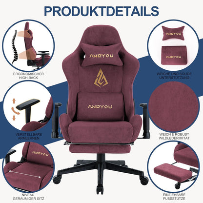 Andyou Gaming Stuhl Ergonomischer PC Bürostuhl Fußstütze Lendenkissen Rot