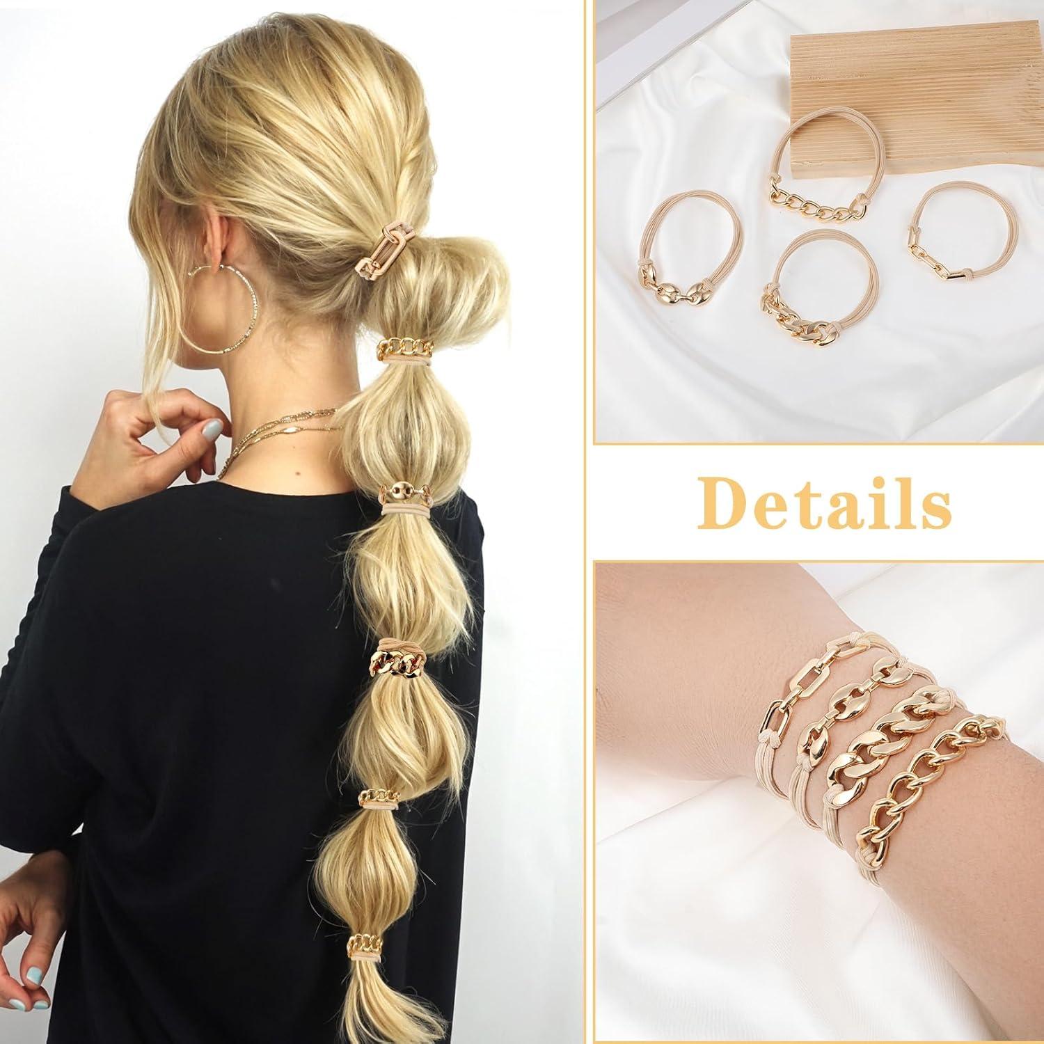 4er Set Goldene Metall-Haargummis für Damen, Elastische Pferdeschwanzhalter & Haararmbänder