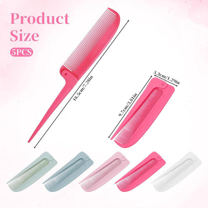 5er Set Faltbare Stielkämme in Weiß Blau Rosa Grün Rot