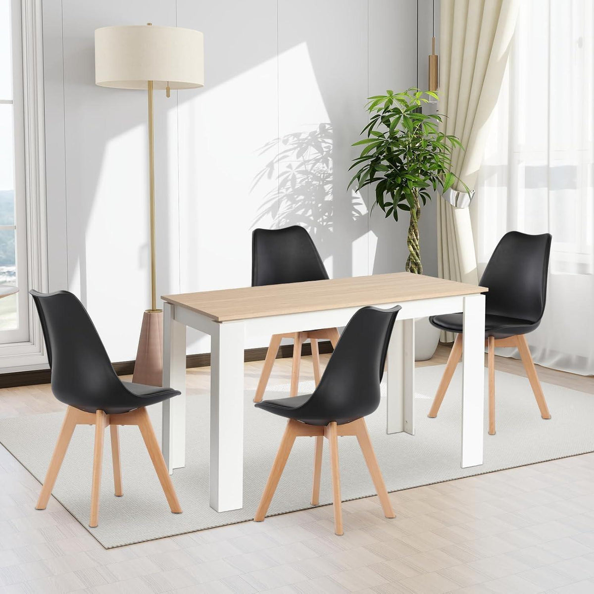 Esszimmergruppe Eiche-Weiß 120cm mit 4 Schwarz Stühlen