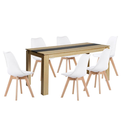 Esszimmergruppe Eiche-Schwarz 160cm mit 6 weißen Stühlen