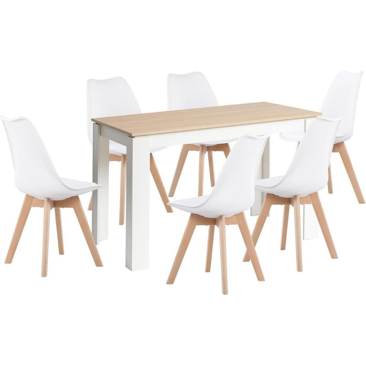 Esszimmergruppe Eiche-Weiß 120cm Tisch mit 6 weißen Stühlen