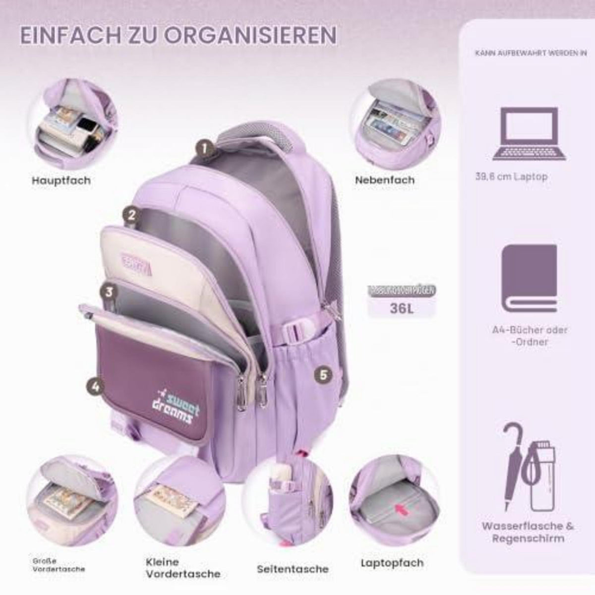 Schulrucksack Trolley Mädchen Lila – 36L, Abnehmbar