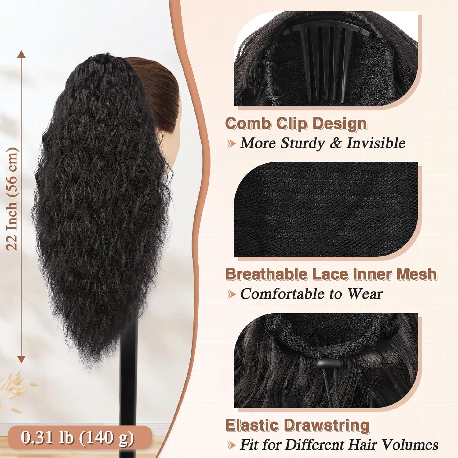 Lockige Ponytail Extension Schwarz Braun 56cm Synthetik