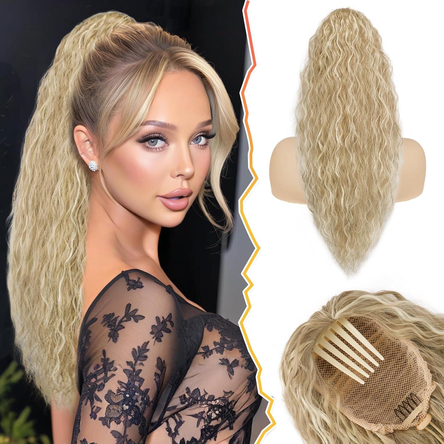 Lockige Pferdeschwanz-Extension mit Kordelzug, 56cm - Hell Aschblond