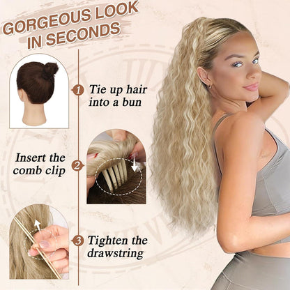 Blond Lockiger Pferdeschwanz Haarteil 56cm Synthetik Extension Clip Ponytail