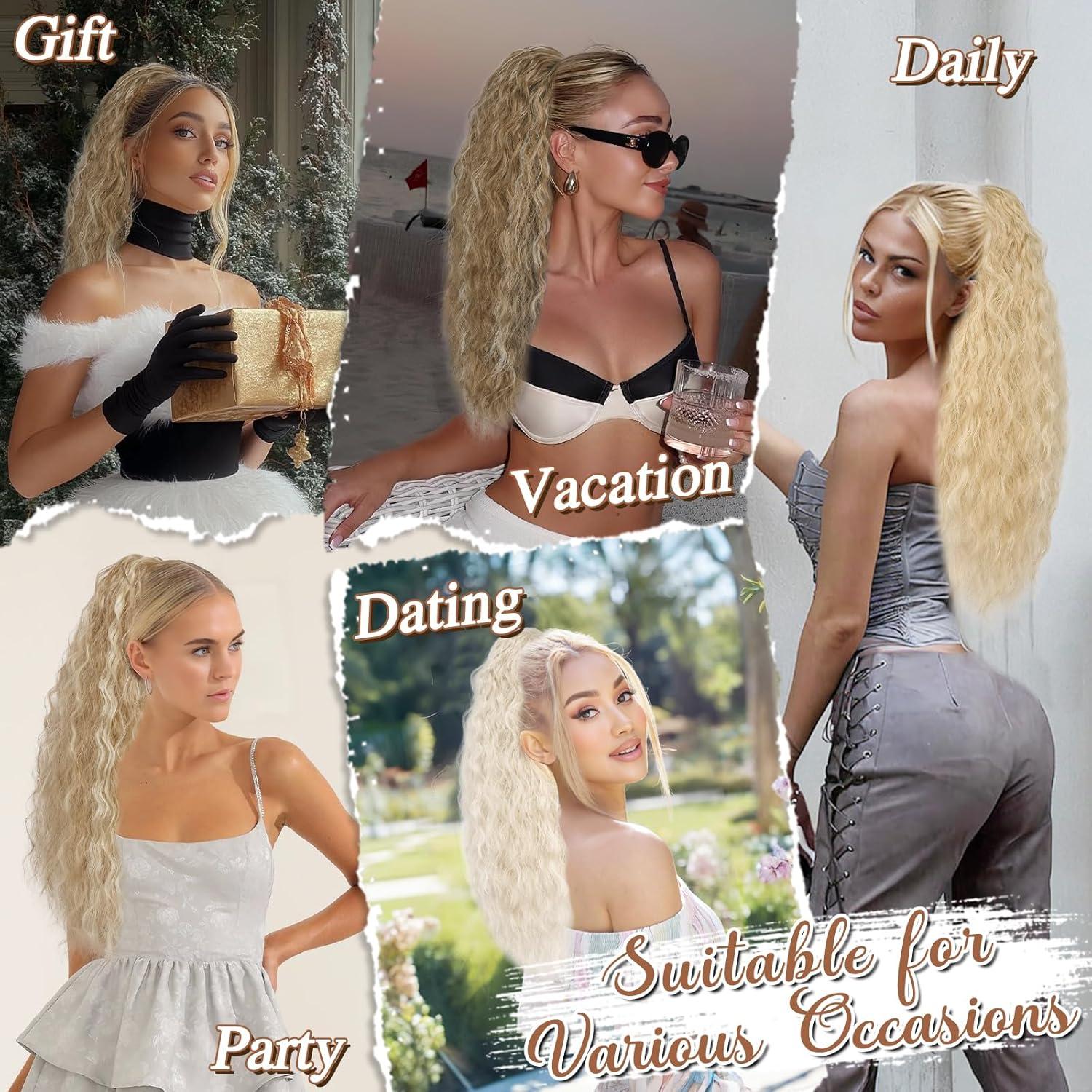 Lockige 56cm Ponytail Extension Blond mit Highlights - Synthetik