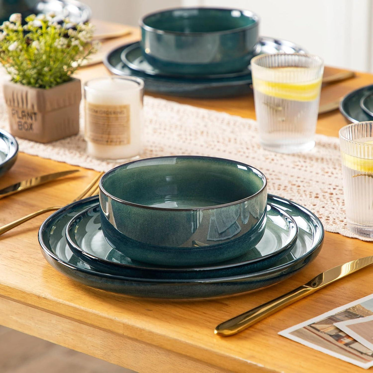 Tafelservice 6 Personen modern, Grün, 18-teilig Steinzeug