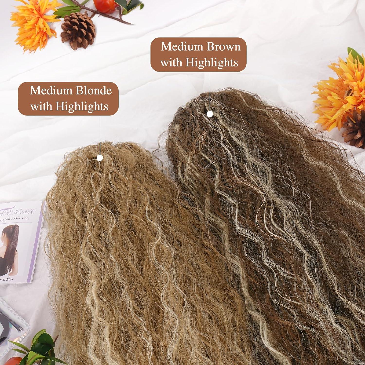 Lockige 56cm Pferdeschwanz Haarteil in Mittelbraun mit Highlights