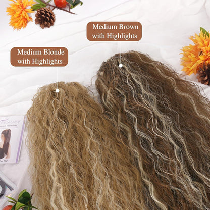 Lockige 56cm Pferdeschwanz Haarteil in Mittelbraun mit Highlights
