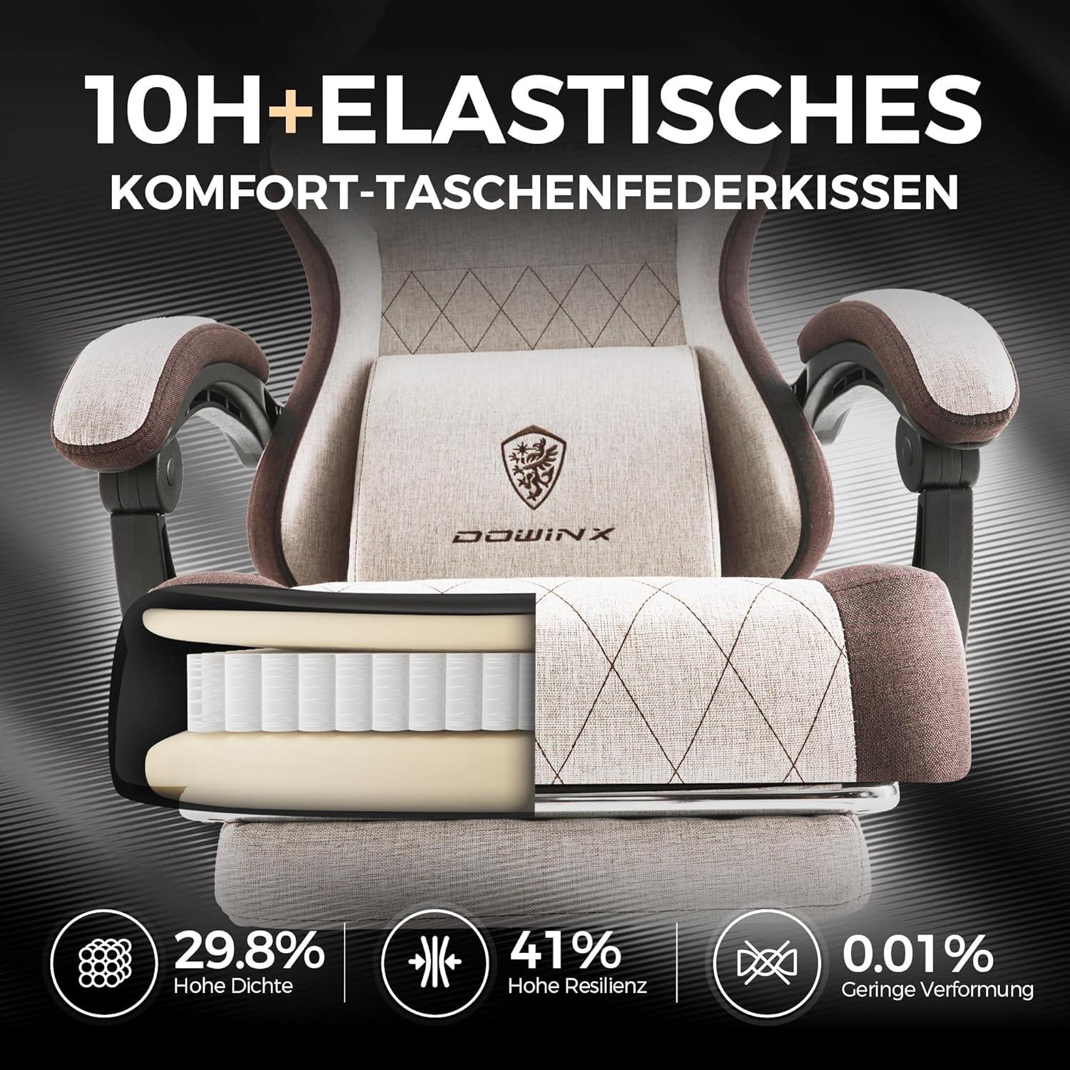 Dowinx Gaming Stuhl Stoff Massage Lendenwirbelstütze Bürostuhl Fußstütze Ergonomisch Groß Braun