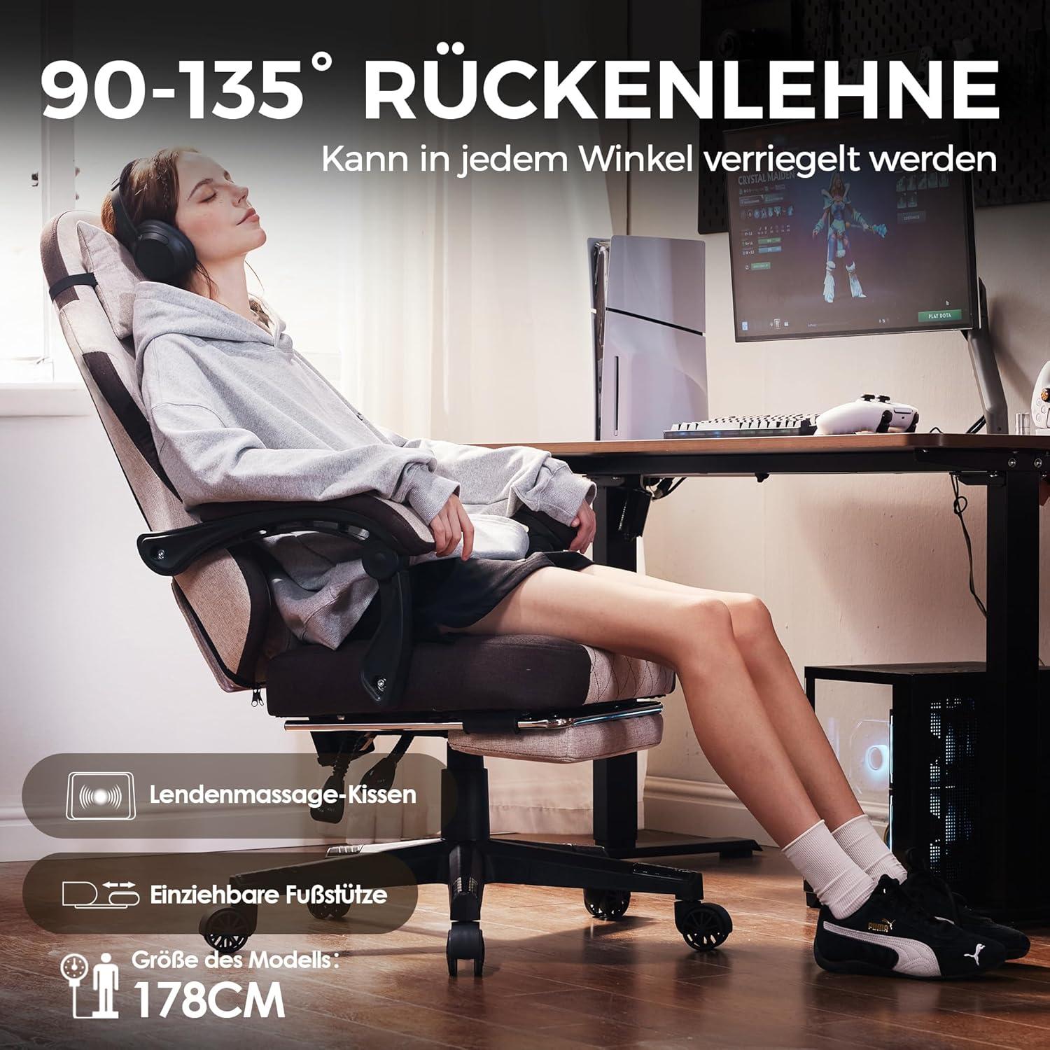 Ergonomischer Gaming Stuhl mit Fußstütze & Massage, Braun