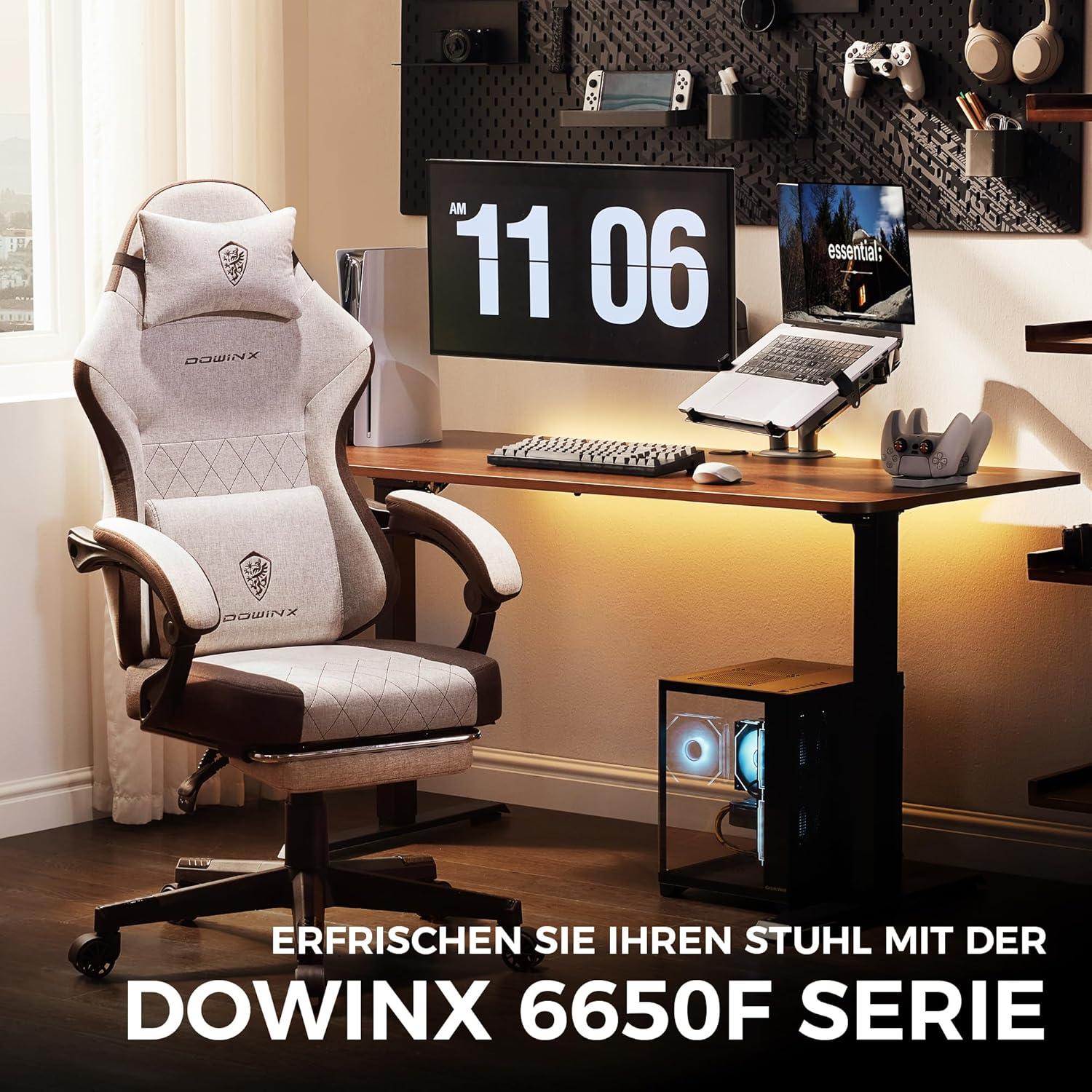 Dowinx Gaming Stuhl Stoff Massage Lendenwirbelstütze Bürostuhl Fußstütze Ergonomisch Groß Braun