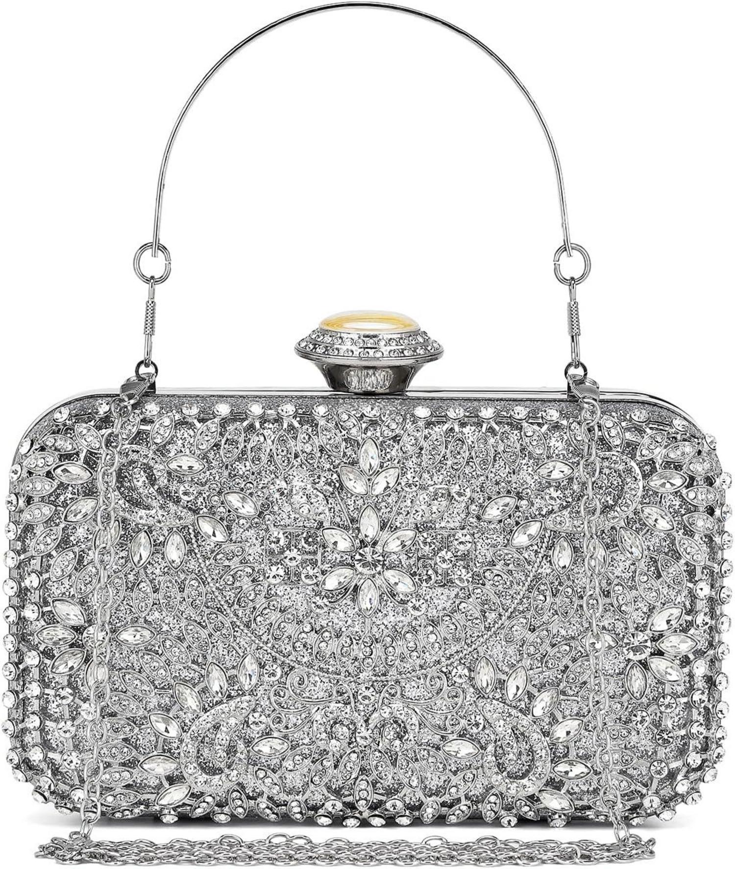 Perlen bestickte Hartschalen Clutch-Tasche für Damen, silber