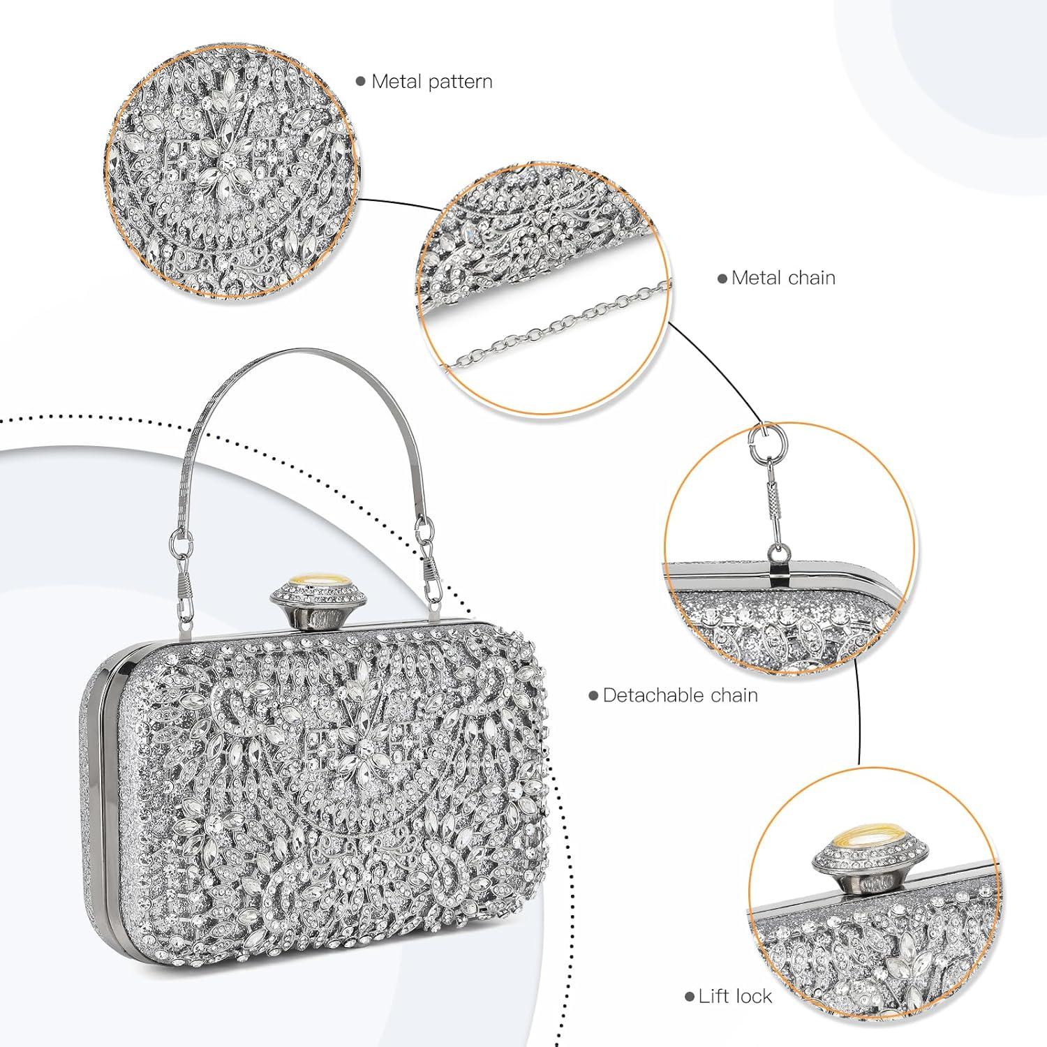 Perlen bestickte Hartschalen Clutch-Tasche für Damen, silber