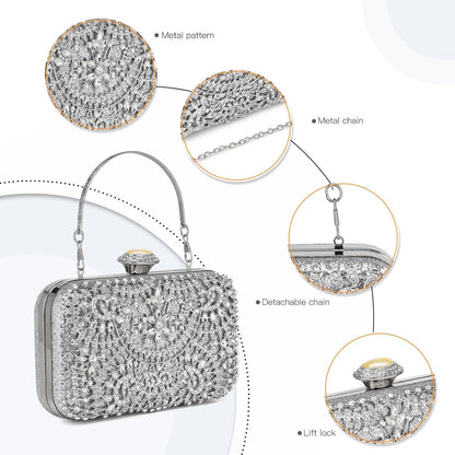 Perlen bestickte Hartschalen Clutch-Tasche für Damen, silber