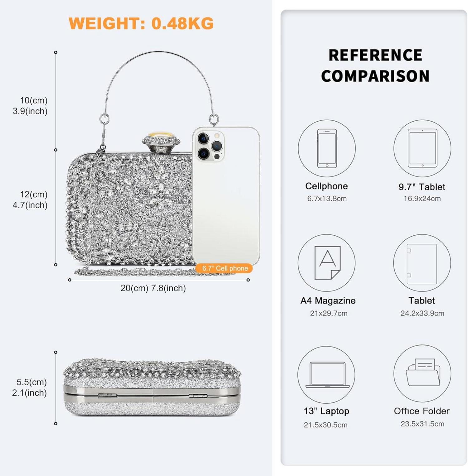 MISS LULU Damen Clutch-Tasche mit Perlenstickerei, silber, Hartschale, abnehmbare Kette