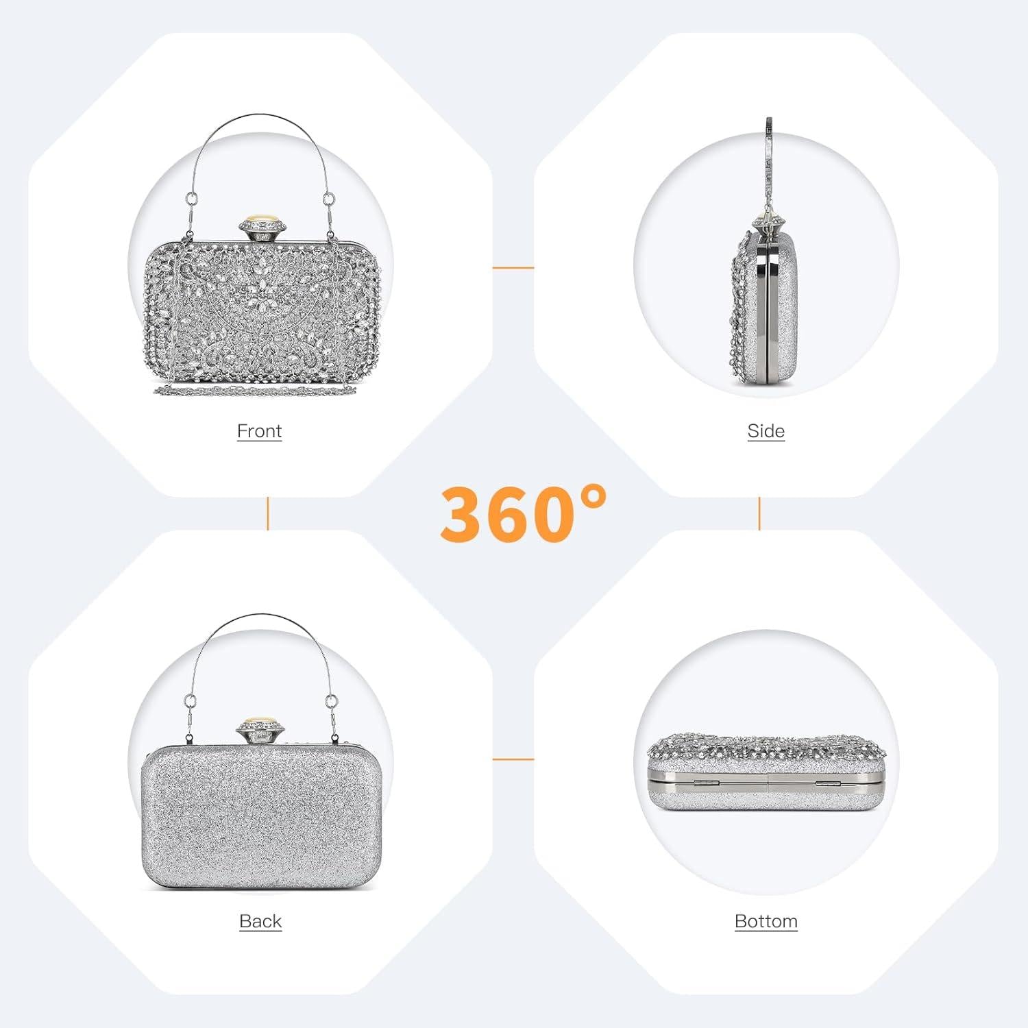 Clutch-Tasche Damen Perlenstickerei Hartschale silber