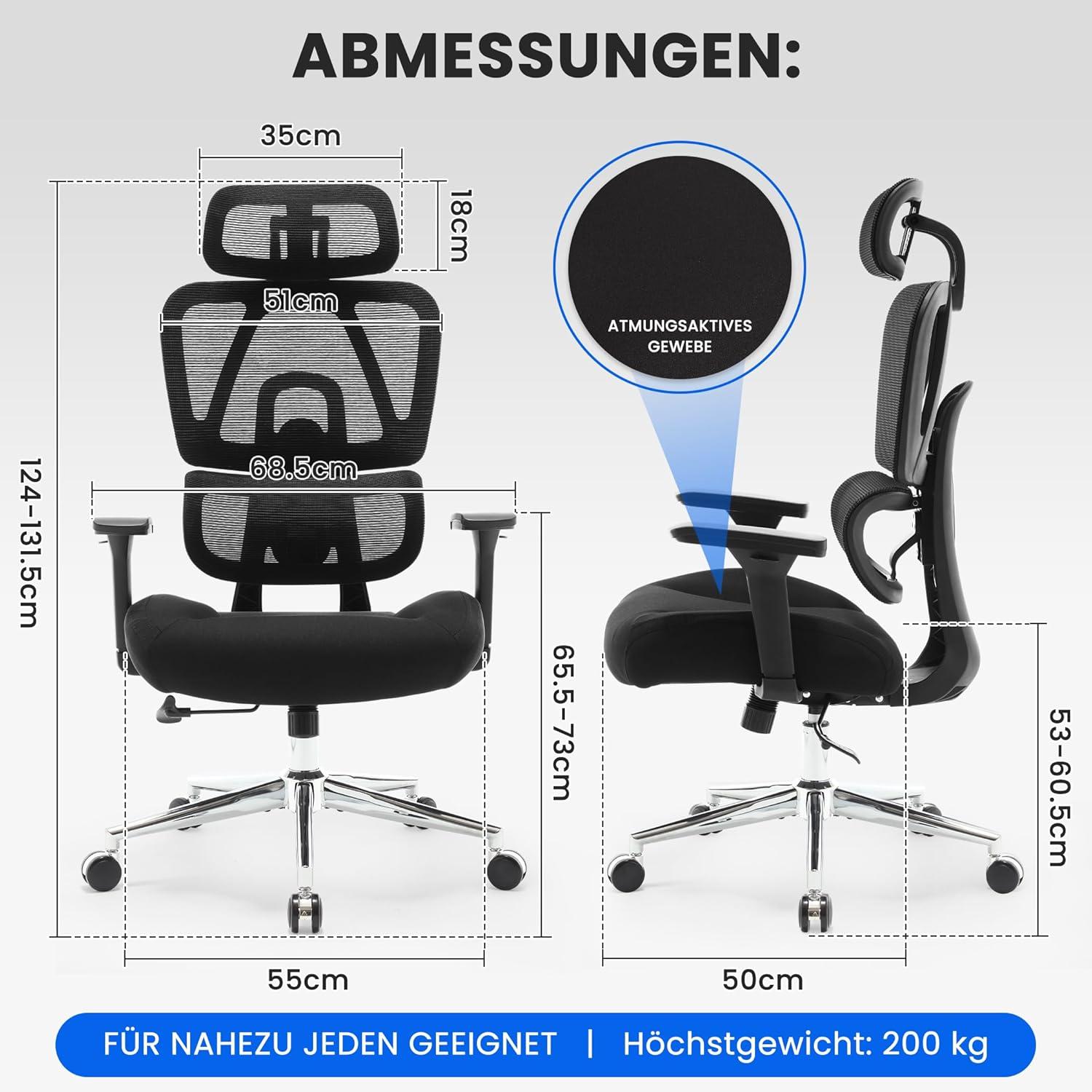 Ergonomischer Bürostuhl 200KG mit 3D Kissen 4D Armlehnen Mesh